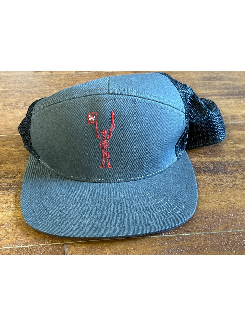 Richardson Style 168 Black Mesh Back Trucker Hat with Skeleton Embroidery